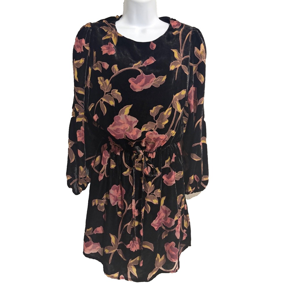 Black Pink Floral Velvet Burnout Short Dress~6~Long Slvs Whimsigoth Dark Fairy